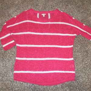 High-Low Pink/White Striped Crew Neck Sweater